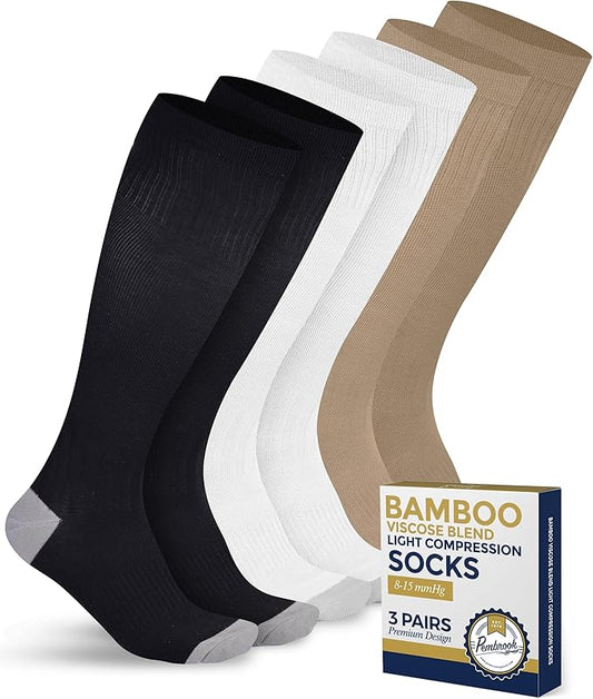 Pembrook Bamboo Viscose Light Compression Socks - 3 Pairs | 8-15 mmhg Compression Socks | Knee High Comfort Support Socks