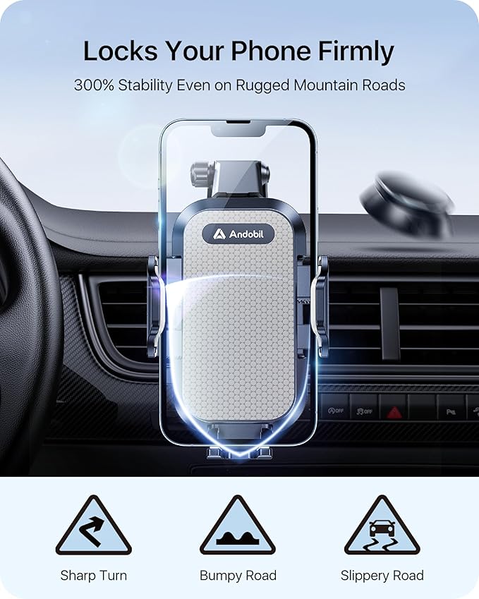 andobil Car Phone Holder Mount (Strong Suction&Bumpy Road Stable) Phone Holders for Your Car, Cell Phone Car Mount for Windshield Dash Vent Truck Cradle Stand for iPhone 17 16 15 14 Pro Max Grey