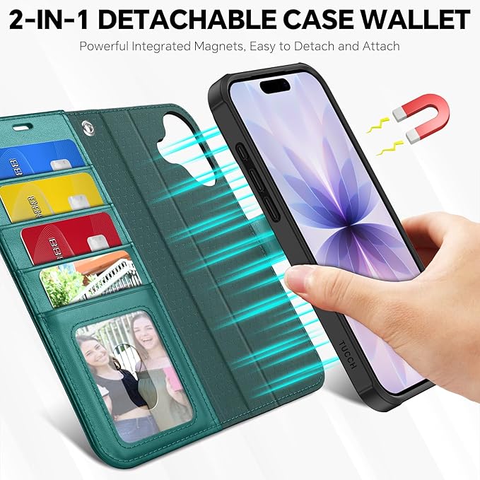 TUCCH 2-in-1 Removable Case Wallet for iPhone 17 (6.3") 2025, Detachable Wrist Strap, 4 Card Holders RFID Blocking, Wireless Charging, Stand, Magnetic, PU Leather Shockproof Folio Cover, Bluish Green