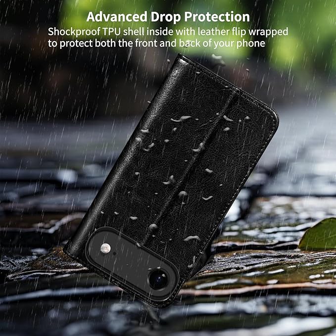 Belemay Genuine Leather Wallet Case for iPhone 17 Air, Premium Cowhide Leather Two-Tone Effect, RFID Blocking Card Holders, Shockproof TPU Shell, Kickstand, Flip Cover for iPhone Air 2025 6.5", Black