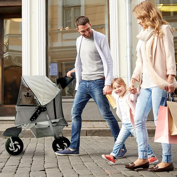 Critter Sitters 4-Wheel Dog Stroller for Medium or Large Sized Dogs & Cats with Scratch Resistant Breathable Mesh Windows and Safety Leash, Storage Basket, Cup Holders, Lockable Wheels, Light Grey