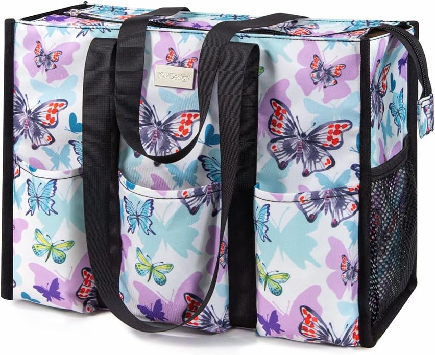 TOPDesign Utility Water Resistant Tote Bag with 13 Pockets, Top Zipper Closure & Thick Bottom Support, for Working Women