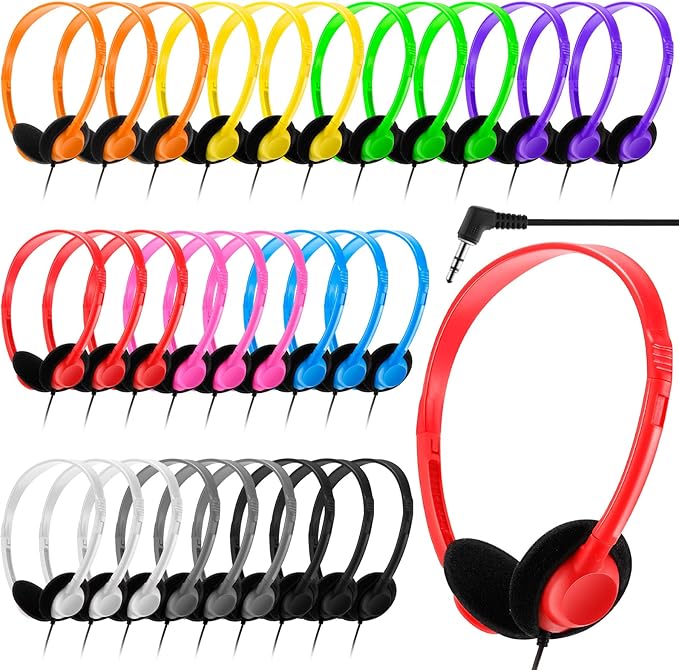 Yunsailing 30 Pack Bulk Headphones Set Over Ear Headphones with Adjustable Headband 3.5mm Plug Headsets Earphones for Learning Program, Computer Lab, Library, Testing & Multimedia Use (Multicolor)
