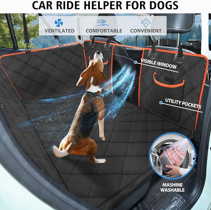 Back Seat Extender for Dogs-Mesh Window, Dog Car Seat Cover for Back Seat, 400lbs Capacity Hard Bottom, Waterproof Dog Hammock for Mid-Size Cars, SUVs, Black/Orange(52‘x24.8’)