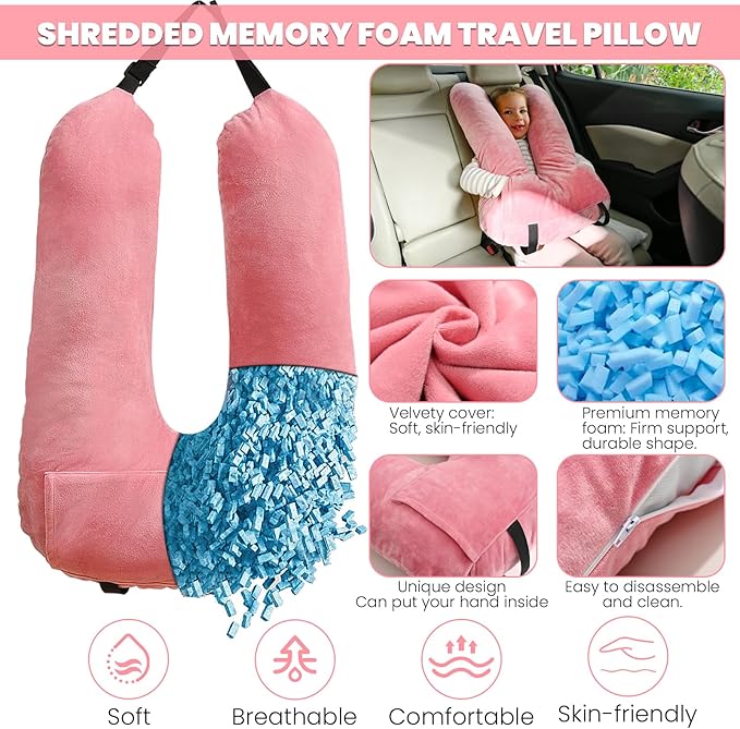 Travel Pillow Car Pillow for Kids, Car Sleeping Pillow for Adults and Kids Support Head and Neck on Road Trips Pink