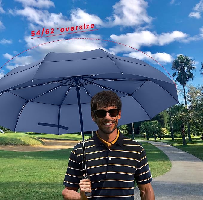MRTLLOA 49/54/62 Inch Large Folding Golf Umbrella, Oversize Double Canopy Vented 10 Ribs Windproof Compact Travel Umbrellas for Rain