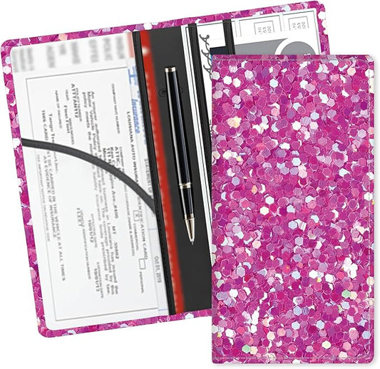 Leather Car Registration and Insurance Card Holder, Cute Car Accessories Vehicle Glove Box Car Organizer for Documents, Cards, License Glitter Purple Pattern