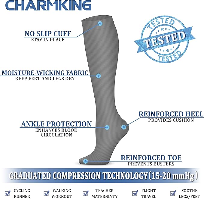 CHARMKING Compression Socks for Women and Men Circulation 4 Pairs 15-20 mmHg Best Support for Athletic Running Cycling