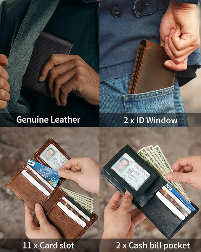 Artpaxy Mens Wallet Bifold Genuine Leather RFID Blocking Wallet for Men with 2 ID Windows 11 Card Holders 2 cash pockets 1 Gift Box
