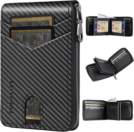 Men’s RFID Blocking Zipper Wallet with 2 ID Windows - Large Capacity Design, 13 Credit Card Slots