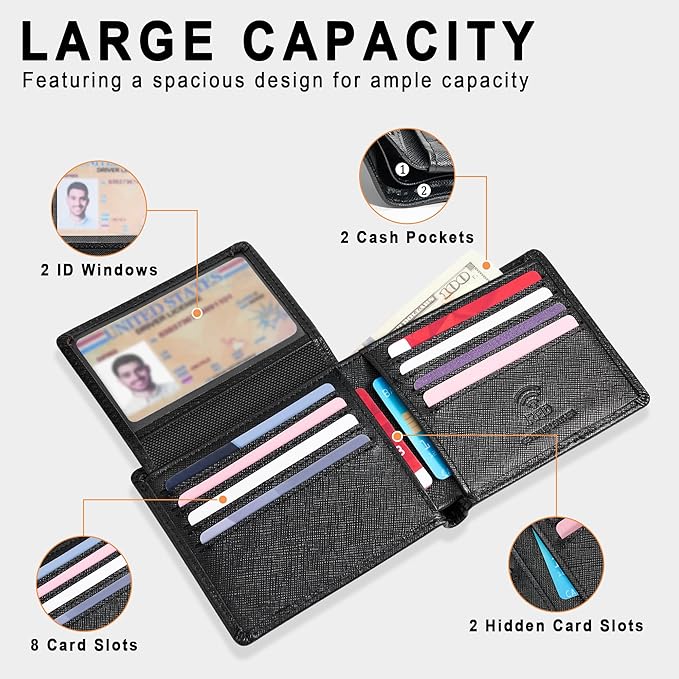 Travelambo Genuine Leather Wallet for Men with Gift Box - Handmade Bifold Stylish - Mens Wallets Rfid Blocking with 2 ID Windows