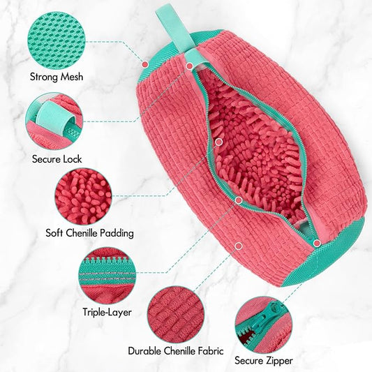 Shoe Washing Machine Bag, Laundry Shoe Bag for Washer and Dryer, Reusable Microfiber Shoe Cleaning Bag with Durable Zipper for Tennis Shoes, Sneakers, Running Shoes, Pink and Green, 2 Piece
