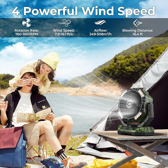 40000mAh Camping Fan with Light - 12in Rechargeable Battery Powered Fan (136H Cool Max), 90°Auto Oscillating with Remote & Charger, 4 Speeds & Timers for Outdoor/Patio/Garage/Jobsite/Hurricane/Outage