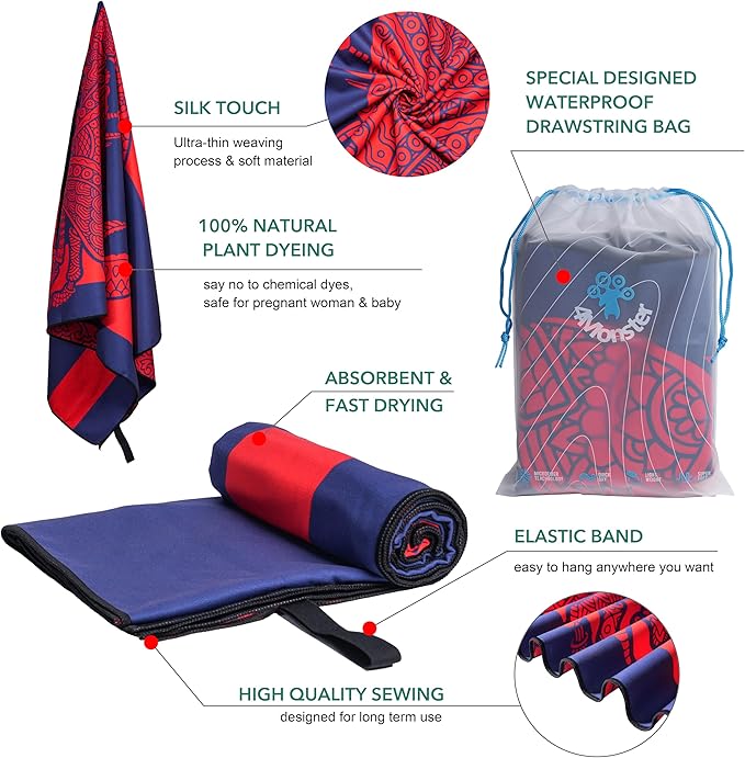 4Monster Microfiber Beach Towel Quick Dry,Super Absorbent Lightweight Travel Towel for Swimmers, Sand Free Camping Towel, Beach Towels for Pool,Swim,Water Sports,Yoga