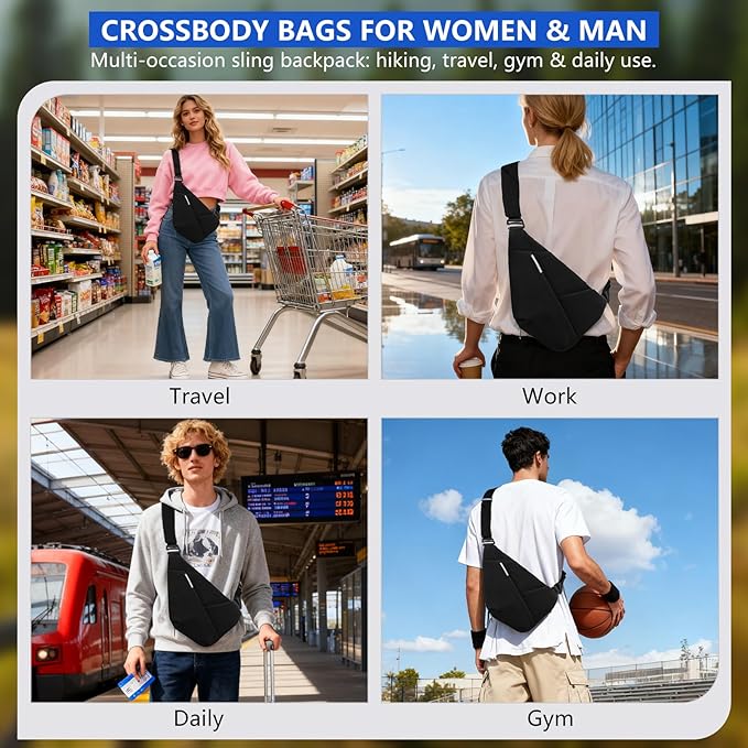 Crossbody Bags For Men, Lightweight Crossbody Sling Backpack, Sling Bag Anti Thief Chest Bag Daypack For Travel Hiking (Black)