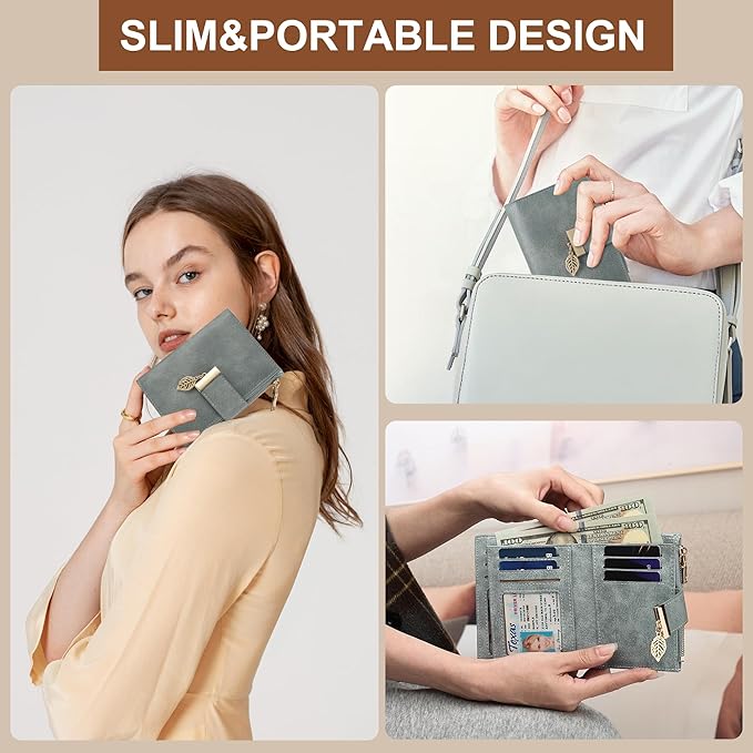 yiijay Small Wallet Women RFID Blocking Leather Bifold Wallet Credit Card Holder for Women Ladies Compact Wallet Mini Purse With Zipper Pocket
