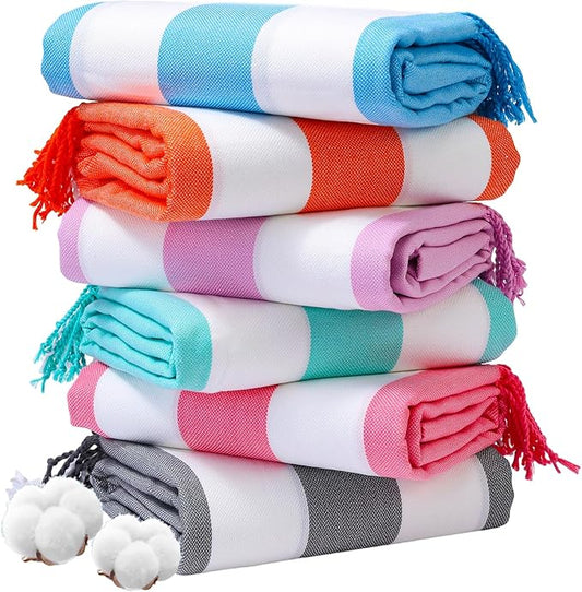 6 Packs Oversized Turkish Beach Towel 74"x38" Thin Quick Dry Sand Free Pool Swim Towels Large XL Adult Clearance Blanket Travel Vacation Accessories Essentials Multi Stripes Green