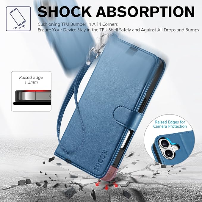 TUCCH Wallet Case for iPhone 17 (6.3-Inch) 2025, Wrist Strap | RFID Blocking 4 Card Holders | Kickstand | Shockproof TPU Shell | PU Leather | Magnetic | Protective Flip Cover | Light Blue
