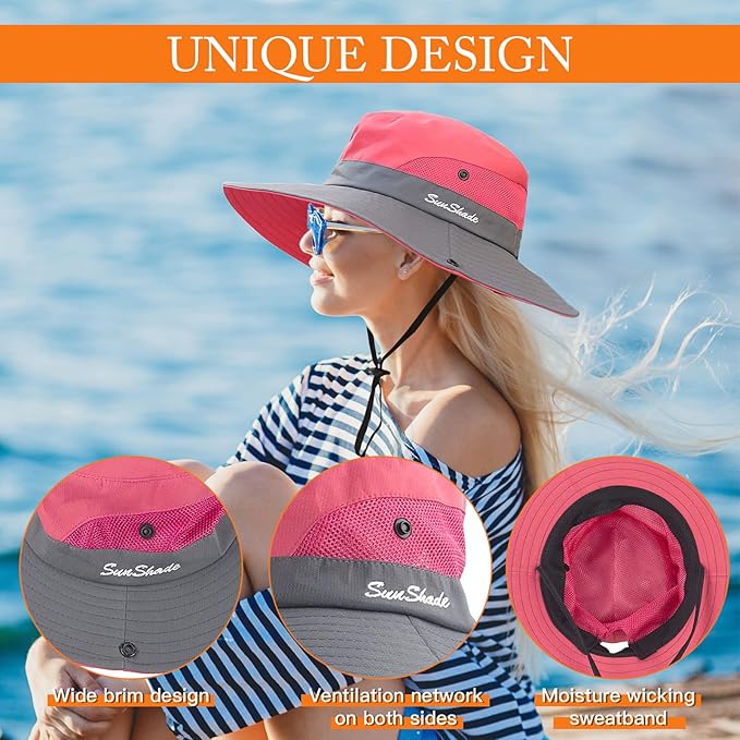 Sun Hats for Women Beach Hat Ponytail Hat Womens Sun Hat with UV Protection Wide Brim