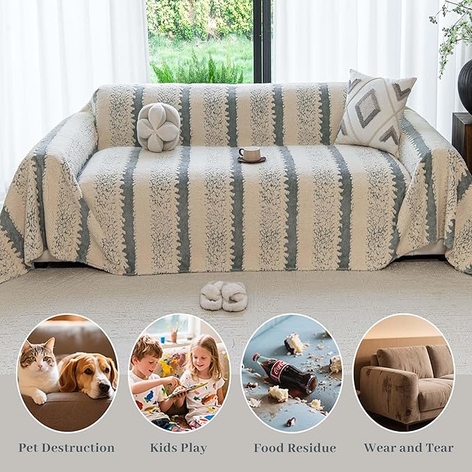 Sherpa Fleece Oversized Couch Cover for 3-4 Cushion Sofa, Gray 71" x 150" - Pet Proof Sofa Covers Heavy Duty Scratch Resistant Pet Friendly Furniture Cover - Easy Install, Machine Washable