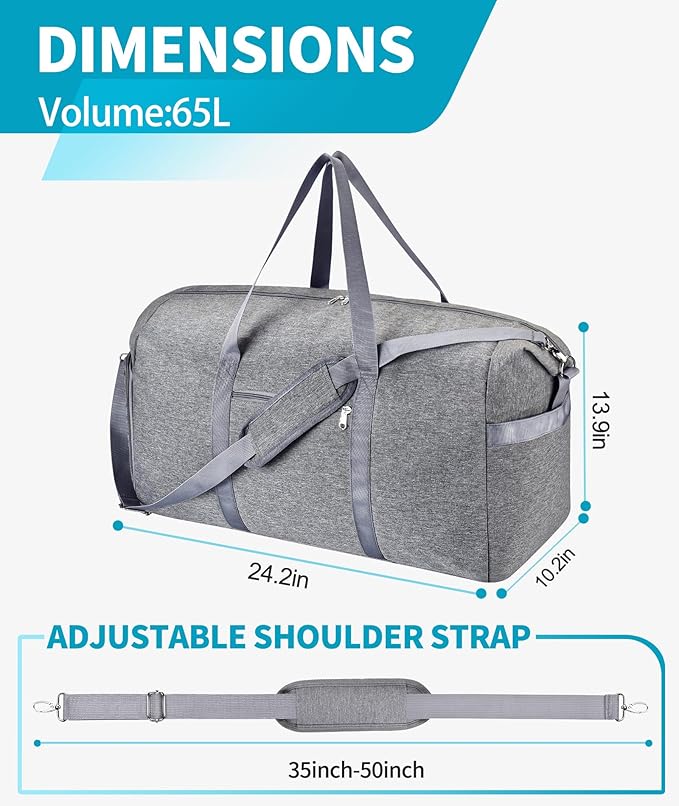 Felipe Varela 65L Duffle Bag with Shoes Compartment, Foldable Carry on Bag Travel Duffel Bags Overnight weekender Gym Bag with Wet Pocket for Women Men(Grey)