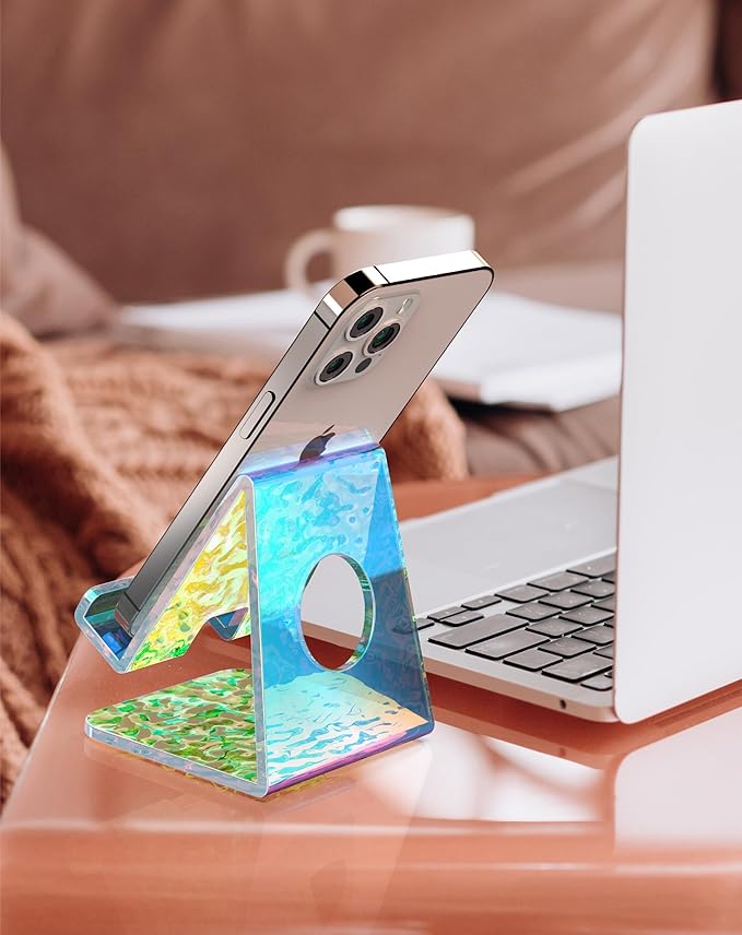 TOPGO Acrylic Cell Phone Stand, Phone Holder for Office Desk, Vanity, Kitchen Counter, Bedside Table, Compatible with iPhone 17 16 15 14 13 12 11 Pro Max/Smartphones/iPad/Switch - Iridescent Wave