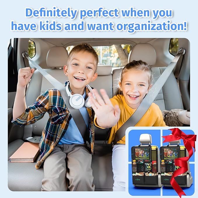 Car Backseat Organizer with Tablet Holder,11 Storage Pockets with Foldable Food Tray, Protector Kick Mats for Kids, Travel Accessories Organizer (Black, 2Pack)
