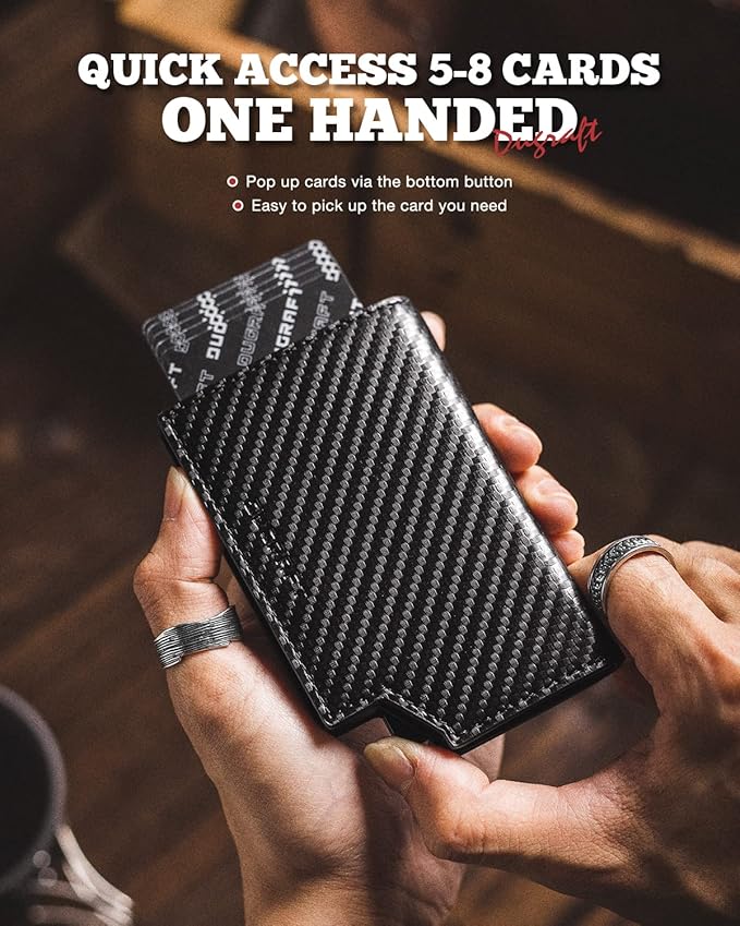 DUGRAFT Bifold Pop Up Wallet for Men, Slim Leather Credit Card Holder with Zipper Minimalist Women Magnetic Cash Coins Pocket Wallets RFID Blocking(CF Black)