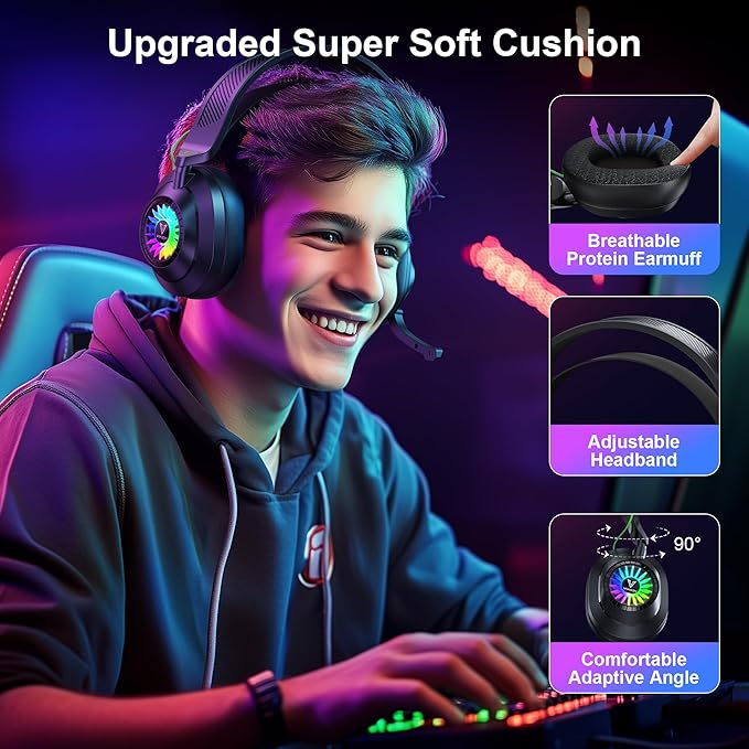 Vakedy HW10 Wireless Gaming Headset for PS5,PS4,PC,2.4GHz Bluetooth Over Ear Headphones with Noise Cancelling Microphone,50Hr Battery Gamer Headsets for Switch, Laptop,Mobile,Mac,Cool RGB (Black)