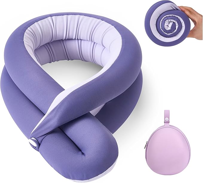 Travel Pillow, Neck Pillow – Ergonomic Memory Foam Pillow for Airplane, Adjustable & Ultra-Lightweight with Dual-Sided Fabric for Flight, Car, and Office Use, Purple
