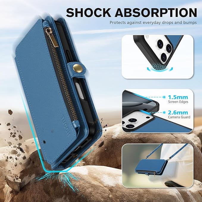 TUCCH Removable Crossbody Case Wallet for iPhone 17 Pro (6.3") 2025, Wireless Charging, RFID Blocking 9 Card Slots, Lanyard, Wrist Strap, Zipper Pocket, PU Leather, Stand Magnetic Cover, Light Blue