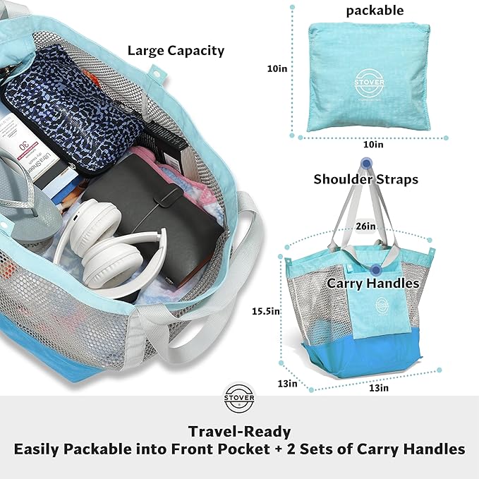 STOVER Large Mesh Beach Bag, Vacation, Pool, Shopping, & Travel Tote - Foldable w/Storage Pockets for Women, Men & Families