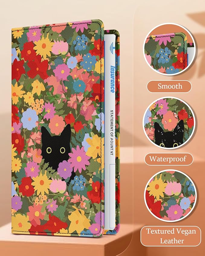 Slohif Car Registration and Insurance Card Holder - Flower Vehicle Glove Box Organizer Women with Magnetic Shut Leather Automobile License Holders Coasters Auto Accessories Case for Document