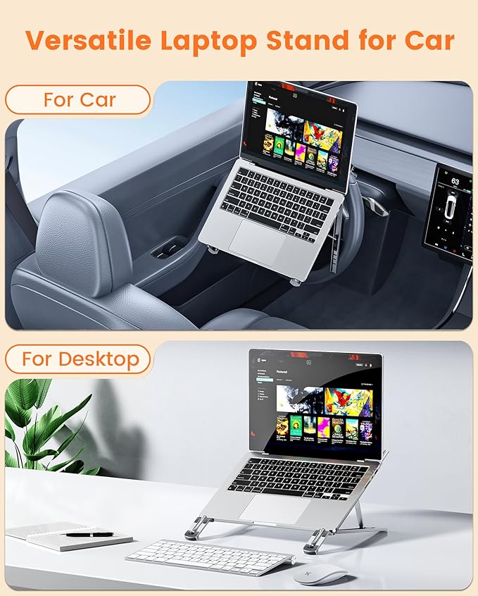 Steering Wheel Laptop Holder for Car SUV Pickup Truck Tesla Vehicle Workstation, Adjustable Foldable Portable iPad Tablet Laptop Stand for Desk, Tiktok Car Travel Essentials 2025 -Silver
