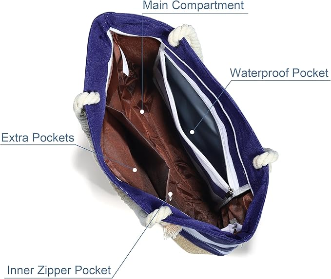 YOOLIFE Initial Canvas Waterproof Beach Tote Bag Zipper Personalized Gifts for Women Her Birthday Travel Beach Essential