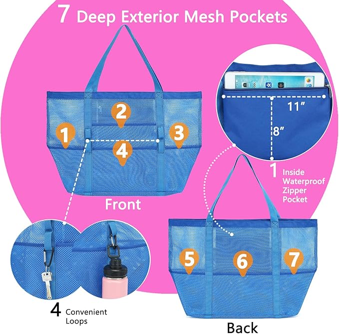 Mesh Beach Bag, Large Beach Tote with Zipper Pocket for Family Pool Bag for Toys & Vacation Essentials