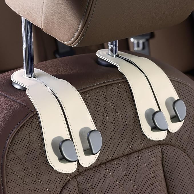 CoBak Headrest Hooks for Car - Universal Premium Stitched Leather and Aluminum-Magnesium Alloy Double Car Seat Back Storage Hook for Purses, Handbags, Bags (2 Pack),Beige