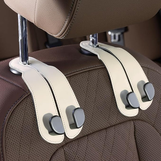 CoBak Headrest Hooks for Car - Universal Premium Stitched Leather and Aluminum-Magnesium Alloy Double Car Seat Back Storage Hook for Purses, Handbags, Bags (2 Pack),Beige