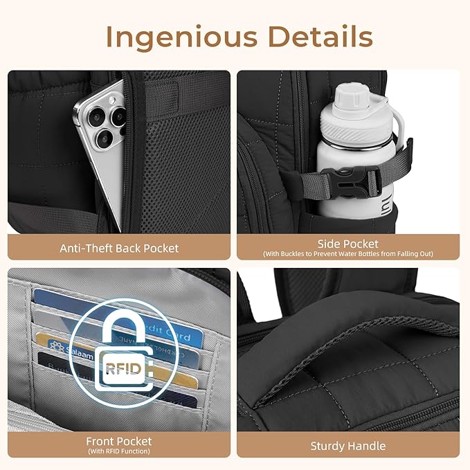 CLUCI 17.3 Inch Laptop Backpack for Women, Anti Theft Travel Backpack, Puffer Quilted Work Backpack, Water Resistant College Bookbag, Carry on backpack with RFID (Black)