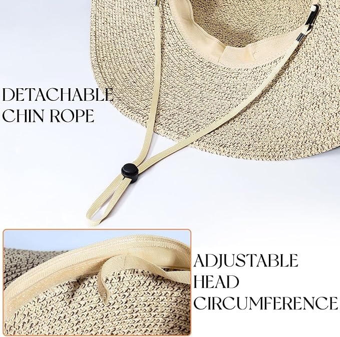 Beach Sun Hats for Women,Wide Brim Straw Hat Floppy Packable UPF 50+ UV Protection with for Summer