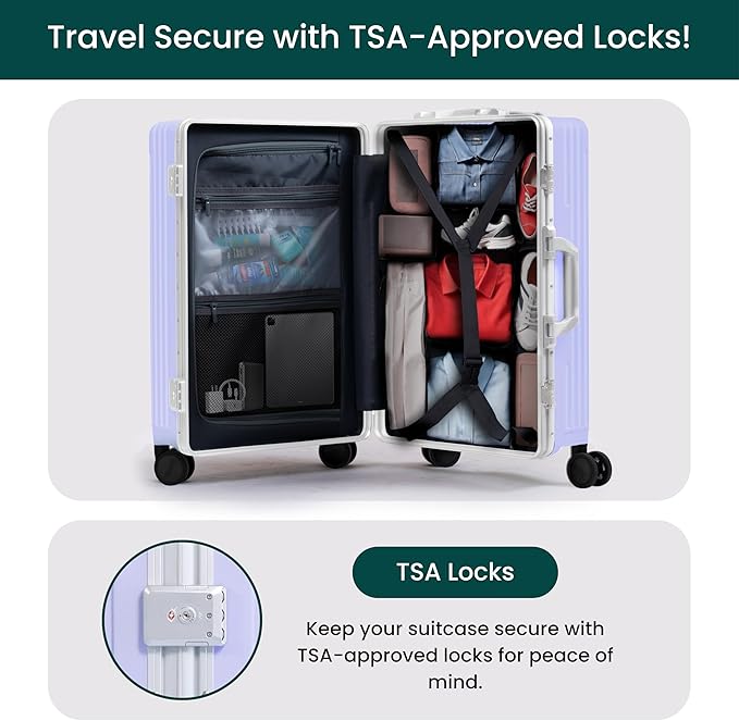 Nobl Travel Carry On Luggage, Noble Zipperless Aluminum Frame PC Hard Shell Suitcase, 20.8"x15"x8.7" Airline Approved, 360° Spinner Wheels, TSA Locks, USB Charging Port, Cup & Phone Holder - Lavender