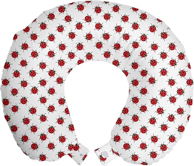 Ambesonne Ladybugs Travel Pillow Neck Rest, Ladybugs Pattern Bunch of Bugs Infinite Speckled Marked Insect Theme Playroom Kids, Memory Foam Traveling Accessory for Airplane and Car, 12", White and Red
