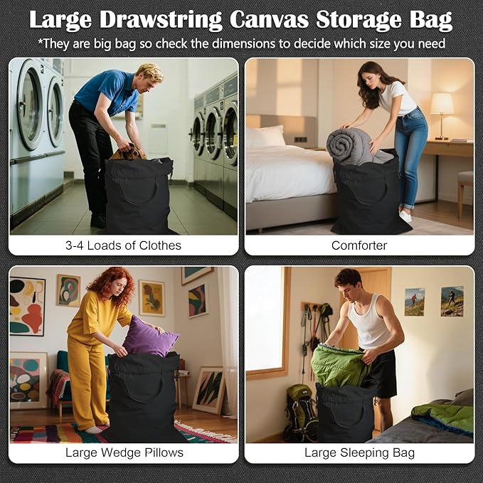 Canvas Laundry Bag 33"x 35", Thick Cotton Laundry Bag with Handles & Drawstring, Extra Large Heavy Duty Washable Basket Liner Hamper Liner Canvas Storage Sack (XL Black)
