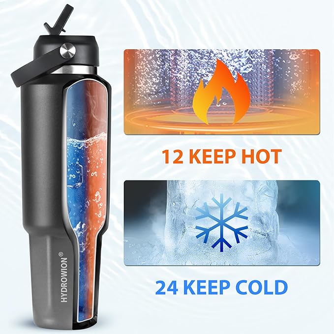 HYDROWION 40 oz Insulated Water Bottle, Car Water Bottle Holder - Double Wall Vacuum Insulated Travel Bottle with Straw Lid, Spout Lid and Flex Cap - Cold for 24H, Hot for 12H, Black - Grey