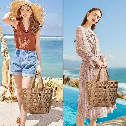 Straw Beach Bags for Women Woven Beach Tote Bag Casual Boho Large Shoulder Handbags Purse for Vacation Holiday