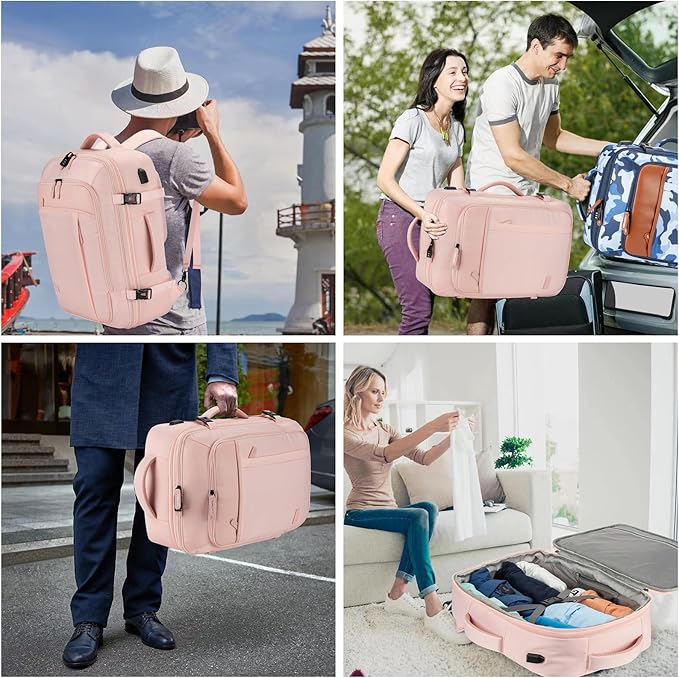 Lumesner Carry on Travel Backpacks, Extra Large 40L Flight Approved for Men & Women,Expandable Suitcase backpack (Pink (Backpack With 4 Packing Cubes))