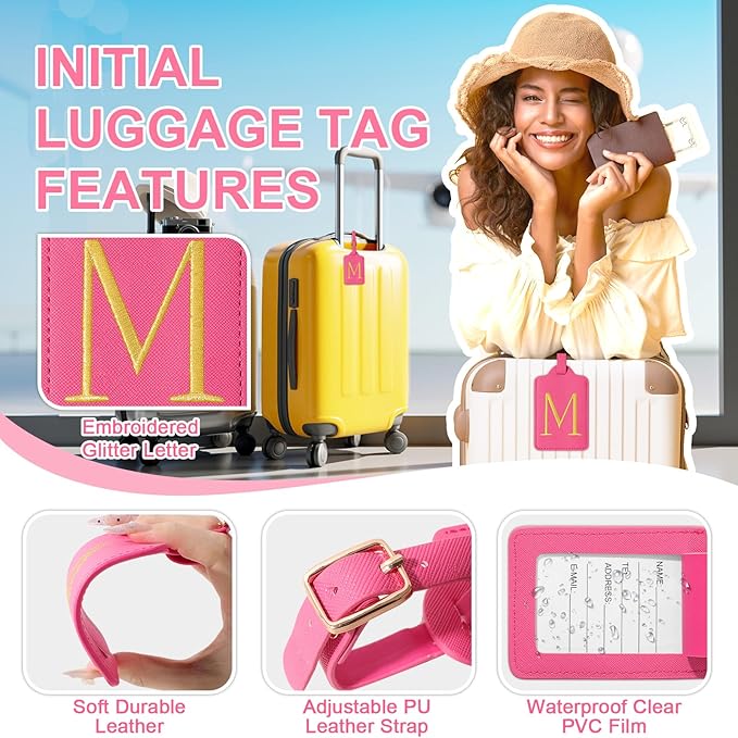 Personalized Initial Luggage Tags for Suitcase, Rose Red Leather Cute Luggage Tags with Privacy Cover Name Card, Embroidered Custom Monogram Luggage Tags Travel Backpack Tag Gifts for Women Kids(M)