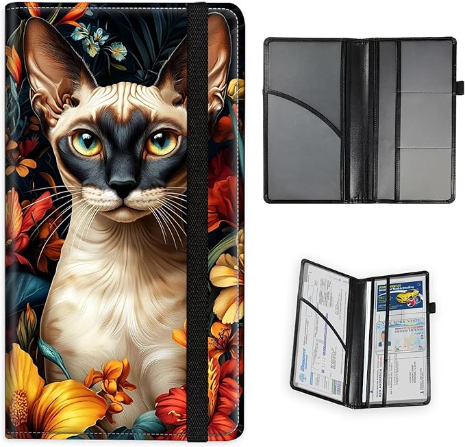 Car Registration and Insurance Holder PU Leather Vehicle Insurance and Registration Holders Wallet Case with Elastic Band Closure for ID Card, Driving Licence, Cat Among Flowers