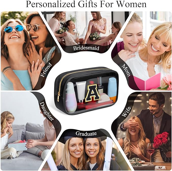 YOOLIFE Initial Travel Essentials Makeup Bag, Make Up Bag Skin Care Clear Toiletry Bag Pouch Cosmetic Bag Case Large Makeup Bag Personalized Birthday Gifts for Women Teacher Mom Teen Friends Black V