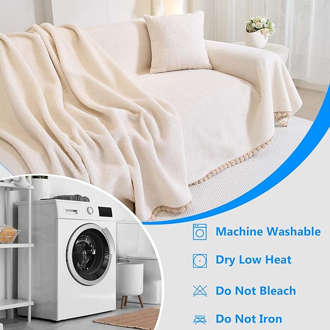 Sherpa Fleece Couch Cover for 3 Cushion Sofa, Beige, 71" x 134" - Pet Proof Sofa Covers Heavy Duty Scratch Resistant Pet Friendly Furniture Cover - Easy Install, Machine Washable